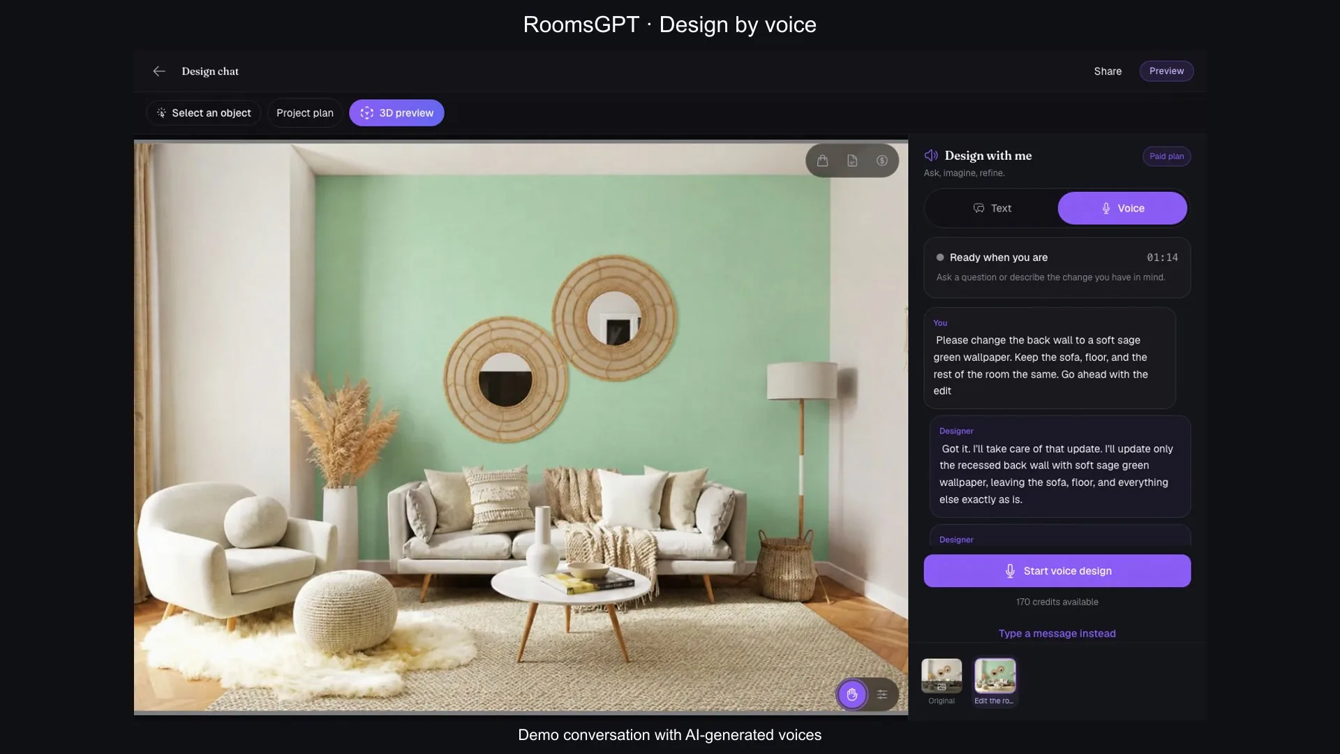 A voice conversation and the room being updated in the RoomsGPT editor